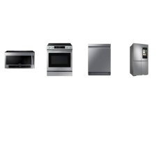 Samsung 4 Stainless Steel PKG: 30 Inch Smart Slide-In Electric Range True Convection Oven Air Fry, 2.1CF OTR MW 400CFM, Fully Integrated 3rd Rack 39 dBA Dishwasher, 36 Inch Smart 4-Door Flex Refrigerator 28.6 Cu. Ft. Family Hub AutoFill Pitcher Dual 