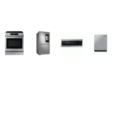 Samsung 4 Stainless : Slide-In Electric Range True Convection Oven Air Fry, SLIM OTR MW 550 CFM, 42dBA StormWash Dishwasher, 4-Door Flex Refrigerator Family Hub AutoFill Pitcher Dual ICE M