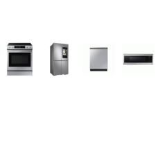 Samsung 4 Stainless : Slide-In Electric Range True Convection Oven Air Fry, SLIM OTR MW 550 CFM, 42dBA StormWash+ Dishwasher, 4-Door Flex Refrigerator Family Hub AutoFill Pitcher Dual ICE M