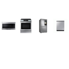 Samsung 4 Stainless : Slide-In Electric Range True Convection Oven Air Fry, Convection OTR MW 300CFM, 42dBA StormWash+ Dishwasher, 4-Door Flex Refrigerator Family Hub AutoFill Pitcher Dual ICE M