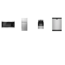 Amana 4 STAINLESS : Smooth Top Electric Range Oven, 1.6CF OTR MW 300 CFM, 59 dBA Dishwasher, 30 Inch Top-Freezer Refrigerator 18.2 cu. ft.