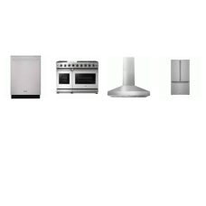 Thor Kitchen 4 Stainless : 48" Professional Gas Range 6 Burners Double Oven Convection, Hood 1000CFM, Dishwasher 46dB, Counter-Depth French Door Refrigerator Internal Water Ice