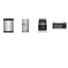 Frigidaire 4 Stainless : 5 Sealed Burner Gas Range Oven, OTR MW, Dishwasher, 36"W Side-by-Side Refrigerator External Ice/Water Dispenser