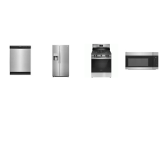 Frigidaire 4 Stainless : 5 Sealed Burner Gas Range Oven, OTR MW, 55DBA Dishwasher, 36"W Side-by-Side Refrigerator External Ice/Water Dispenser