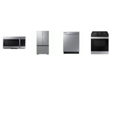 SAMSUNG 4 STAINLESS : Slide-In Gas Range Self Clean Oven, OTR MW,  Dishwasher 53DBA, 32 cu. ft. 3-Door French Door Refrigerator Dual Auto Ice Maker