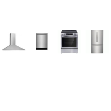 Frigidaire 4 Stainless Steel Package: Electric Range Smooth Top Slide In Covection Self Clean Oven, Wall Mount Chimney Range Hood 400 CFM, Fully Integrated Dishwasher 52 dBA OrbitClean, 23.3 Cu. Ft. Counter-Depth French Door Refrigerator Ice Maker In