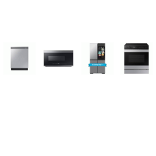 Samsung 4 STAINLESS STEEL PKG: Slide-In Electric Smart Range Convection Oven Air Fry, 2.1cf OTR MW 400CFM, Fully Integrated Smart Dishwasher 42dBA Half Load Option, 36 Inch Smart 4-Door Flex French Door Refrigerator 29 cu. ft. AI Family Hub+ Beverage