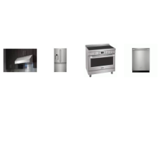 Frigidaire Professional 4 SMUDGE-PROOF STAINLESS STEEL PKG : 36'' Induction Range Convection Oven, 36'' Under Cabinet Range Hood 400 CFM, Fully Integrated Dishwasher 47dBA 3 Racks, 22.6 Cu. Ft. French Door Counter-Depth Refrigerator External Water Di