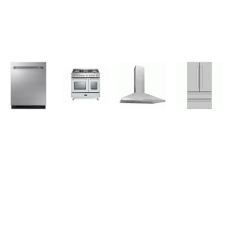 4 Stainless : Verona 36 Inch Double Range Gas Turbo Convection Oven, Broan Chimney Range Hood 630 CFM, Sharp 36 Inch French 4-Door Counter Depth Refrigerator W/Ice Maker, Dacor Dishwasher 42DBA