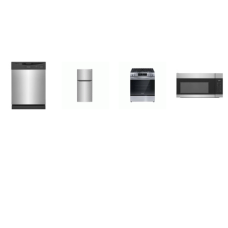 Frigidaire 4PCS STAINLESS : SLIDE IN Gas Range Oven, OTR MW, Dishwasher, 18.3 Cu. Ft. Top Freezer Refrigerator Integrated Handle