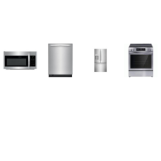 Frigidaire 4 Stainless Steel PKG: Electric Range Smooth Top Slide In Covection Self Clean Oven, 1.8CF OTR MW 300 CFM, 49 dBA Tall Tub Fully Integrated Dishwasher 3rd Rack, 27.8 cu. ft. French Door Refrigerator External Ice/Water Dispenser Auto-Close 