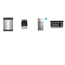 4 STAINLESS : Gas Range Oven, 1.6CF OTR MW 300 CFM, Dishwasher, 14.2CF 28 inchW 61 inchH Top Freezer Refrigerator