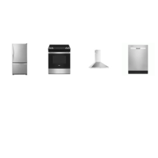 Whirlpool 4 STAINLESS STEEL APPLIANCE PACKAGE : 30 Inch Slide-In Electric Range Self Clean Oven, Chimney Wall Mount Range Hood 400 CFM, 55 dBA Dishwasher, 33 inchW 21.9CF Pull-Out Bottom-Freezer Refrigerator Factory Installed Ice Maker Energy Star