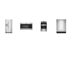 Maytag 4 FINGERPRINT RESISTANT STAINLESS STEEL APPLIANCE PACKAGE : 5 Burners Gas Range Self Clean Oven, 1.7 cu. ft. Over-the-Range Microwave 300 CFM, 24 Inch Fully Integrated Dishwasher 51 dBA, 24.5 Cu. Ft. Side-by-Side Refrigerator Ice and Water Dis