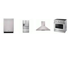 Thor Kitchen 4 Stainless Steel Appliance PKG : 36 Inch Professional Electric Range True Convection Oven, 36 Inch Wall Mount Chimney Range Hood LED 600 CFM, Fully Integrated Dishwasher 46 dB Adjustable Upper Rack 3rd Rack, 36 Inch Counter Depth French