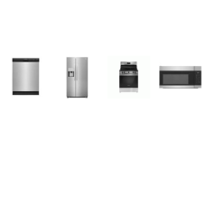 Frigidaire 4 Stainless : 24 inch Dishwasher, OTR MW, Smooth Top Electric Range 5 Elements Oven, 25.6 Cu. Ft. Side-by-Side Refrigerator External Ice/Water Dispenser