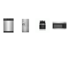 Frigidaire 4 Stainless : 24 inch Dishwasher, OTR MW, Smooth Top Electric Range 5 Elements Oven, 25.6 Cu. Ft. Side-by-Side Refrigerator External Ice/Water Dispenser