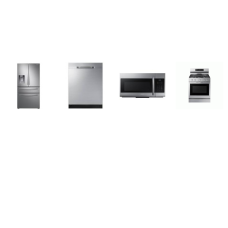 SAMSUNG 4 STAINLESS STEEL APPLIANCE PKG : 5BRS GAS RANGE Convection Oven Air Fry Griddle Voice Connectivity, 1.7cf OTR MW 300CFM, Fully Integrated Dishwasher 48 dBA 3rd Rack ENERGY STAR, 28 cu. ft. 4-Door French Door Refrigerator External Watrer Ice 