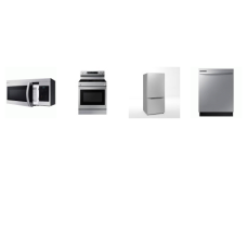 4 Stainless Steel APPLIANCE PACKAGE : Samsung Electric Smart Range Convection+ Oven Air Fry Non-Stick Griddle,  1.6cf OTR MW 300CFM, Fully Integrated Dishwasher 53DBA, And Midea 30 Inch Bottom Mount Refrigerator 18.7 Cu. Ft