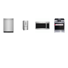 Frigidaire Gallery 4 Stainless Steel Package: Slide-In Electric Range Convection Oven Air Fry, 1.9CF OTR MW 400 CFM, 51 dBA Fully Integrated OrbitClean Dishwasher Stainless Interior ENERGY STAR, 28.8 Cu. Ft. French Door Refrigerator Internal Water Ic