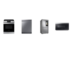 Samsung 4 Stainless : 30 Inch Slide-in Gas Range Oven, 2.1 cu. ft. OTR Microwave, 3rd Rack 39 dBA Dishwasher, 29 cu. ft. Smart 4-Door Flex Refrigerator Family Hub Beverage Center