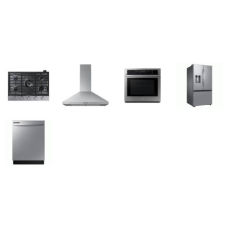 Samsung 5 STAINLESS : 5Burners Gas Cooktop Griddle, Single Wall Oven Steam/Self Clean, Chimney Style Range Hood 390 CFM, 53dBA Dishwasher, 31CF 3-Door French Door Refrigerator WD