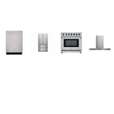 Thor Kitchen 4 Stainless : 36 Inch Gas Range 6 Brs Convection Fan Oven, T-shape Hood 550CFM, Dishwasher 46 dB 3rd Rack, 36 Inch Counter-Depth French 4-Door Refrigerator Ice Maker