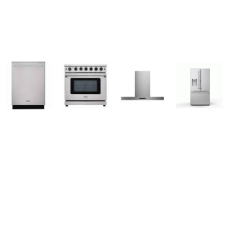 Thor Kitchen 4 Stainless : 36 Inch Gas Range 6 Brs Convection Fan Oven, T-shape Hood 550CFM, Dishwasher 46 dB 3rd Rack, 28.9CF French Door Refrigerator EXT WD