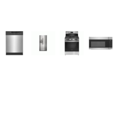 Frigidaire 4 Stainless PACKAGE: 5 Sealed Burner Gas Range Oven, 1.7CF OTR MW, 24 inch Dishwasher, 33 Inch Side by Side Refrigerator Ft External Water Ice Dispenser