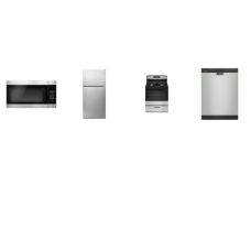 Amana 4 STAINLESS STEEL APPLIANCE PACKAGE : Gas Range Oven, 1.6CF OTR MW 300 CFM, 59 dBA Dishwasher, 30 Inch Top-Freezer Refrigerator 18.2 cu. ft.