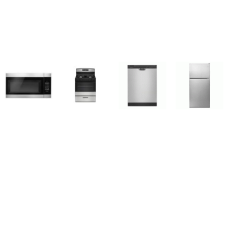 Amana 4 STAINLESS : Gas Range Oven, 1.6CF OTR MW 300 CFM, 59 dBA Dishwasher ENERGY STAR, 30 Inch Top-Freezer Refrigerator 18.2 cu. ft.