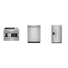 Kitchenaid 3 Stainless Steel Package : 48'' Smart Commercial-Style Gas Range Griddle Even-Heat True Convection, 44 dBA Dishwasher Third Rack Stainless Steel Interior, 48 Inch Built-In Side-by-Side Refrigerator 29.4 Cu. Ft. Ice and Water Dispenser