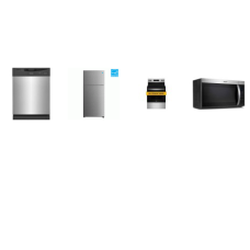 4 STAINLESS STEEL APPLIANCE PACKAGE : 1.6CF OTR MW 300 CFM, Smooth Top Electric Range Oven, Dishwasher, 18.0 CU. FT. TOP FREEZER REFRIGERATOR