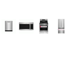 Frigidaire Gallery 4 Smudge-Proof Stainless : Electric Range Air Fry Convection Oven, 1.9CF OTR MW 400 CFM, 52 dBA Dishwasher, 30 inchW French Door Refrigerator Ice Maker Internal Water 