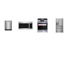 Frigidaire Gallery 4 Smudge-Proof STAINLESS APPLIANCE : Slide-in Gas 5 Burnes Range Convection Oven Air Fry, 1.9CF OTR MW 400 CFM, 49 dBA Fully Integrated Dishwasher ENERGY STAR, 26.3 Cu. Ft. French 4-Door Refrigerator External Water Ice Dispenser