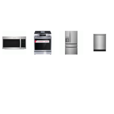 Frigidaire Gallery 4 Smudge-Proof STAINLESS : Slide-in Gas Range Convection Oven Air Fry, 1.9CF OTR MW, 42 dBA Dishwasher, 26.3 Cu. Ft. French 4-Door Refrigerator External Water Ice Dispenser