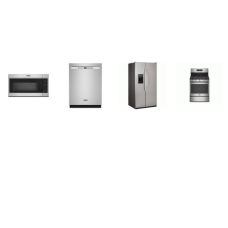 4 STAINLESS : Maytag 5 Burners Gas Range Convection Air Fry, 1.7 cu. ft. Over-the-Range Microwave, 50 dB Stainless Interior Dishwasher, And GE 25.3 cu. ft. Side by Side Refrigerator Ice and Water Dispenser