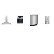 Frigidaire 4 Stainless Steel Package: 30 Inch Front Control Gas Range 5 Sealed Burners Oven, Wall Mount Chimney Range Hood 400 CFM, Fully Integrated Dishwasher 52dba, 8.8 Cu. Ft. French Door Refrigerator Water Filter Internal Water Dispenser Ice Maker