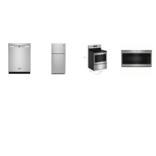 Maytag 4 STAINLESS : Smoothtop Electric Range Oven, OTR Microwave Non-Stick Interior, Dishwasher PowerBlast 50 dBA, 33 Inch Top Freezer Refrigerator 20.5CF