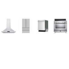 4 Stainless Steel Package : Verona 36 Inch Electric Range 5 Elements Convection Oven, 36 Inch Chimney Range Hood Remote Control 600 CFM, And Sharp Dishwasher 49 dBA, 36 Inch French 4-Door Counter Depth Refrigerator W/Ice Maker