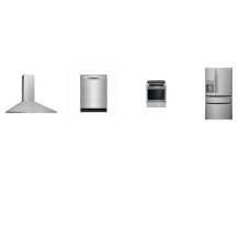 Frigidaire 4 Stainless : Slide In Induction Range Convection Bake Oven, Canopy Wall-Mounted Hood 400CFM, And Gallery Dishwasher OrbitClean, Counter-Depth French 4-Door Refrigerator EXT WD