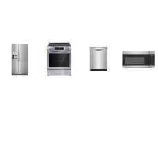 Frigidaire 4 STAINLESS :  Electric Slide-In Range Convection Oven Self-Clean, 1.7CF OTR MW, Stainless Steel Tub Dishwasher 51dba, 25.6 Cu. Ft. Side-by-Side Refrigerator External Ice/Water Dispenser