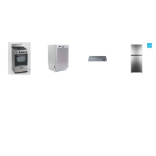 APT SIZE 4 STAINLESS STEEL APPLIANCE PKG: 18 inch DISHWASHER STAINLESS INTERIOR, 20 inch GAS RANGE OVEN WINDOW GLASS, 20 inch Convertible Range Hood 270 CFM, 24 inchW 10.1 CU. FT. TOP FREEZER REFRIGERATOR ENERGY STAR