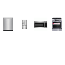 Frigidaire 4 Stainless Steel PKG: 30'' Front Control Gas Range Convection Bake Oven, 1.8CF OTR MW 300 CFM, 49 dBA Stainless Interior Fully Integrated Dishwasher 3rd Rack, 27.8 cu. ft. French Door Refrigerator External Ice/Water Dispenser Auto-Close D