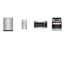 Frigidaire 4 Stainless Steel PKG: Slide In Air Fry Gas Range Convection Oven, 1.8CF OTR MW 300 CFM, 49 dBA Stainless Interior Fully Integrated Dishwasher 3rd Rack, 27.8 cu. ft. French Door Refrigerator External Ice/Water Dispenser Auto-Close D