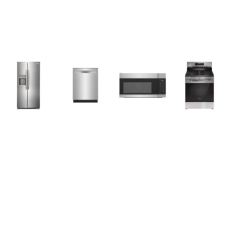 Frigidaire 4 Stainless : 5brs Gas range Oven, 36"W Counter Depth SBS Refrigerator, 1.7 OTR MW, Dishwashe 51dBA Stainless Steel Tub