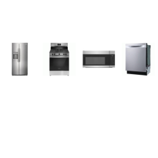 Frigidaire 4 Stainless : 5brs Gas range Oven, 36"W Counter Depth SBS Refrigerator, 1.7 OTR MW, Dishwashe 49dBA Stainless Steel Tub