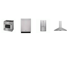 Thor Kitchen 4 Stainless : 36 Inch Gas Range 6 Sealed Burners Convection Oven, 36 Inch Contemporary Wall Mount Range Hood 550 CFM, Dishwasher 46 dB, Counter-Depth French 4-Door Refrigerator W/Ice Maker
