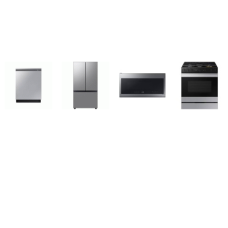 Samsung 4 STAINLESS : Slide-In Gas Smart Range Convection+ Oven Air Fry Griddle, 2.1cf OTR MW 400CFM, Dishwasher 42dBA Half Load Option, Counter-Depth French Door Refrigerator AutoFill Water Pitcher