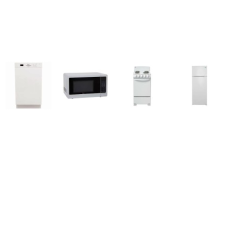 4 WHITE APT SIZE APPLIANCE PKG : 20" Electric RANGE OVEN, 18" DISWHASHER, 18" COUNTERTOP MICROWAVE, 21.44"W 7.4 cu ft. Apartment Size Fridge Top Mount 